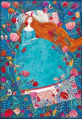 A stylized painting of a woman with long red hair resting in a bed surrounded by lush, colorful flowers and birds.