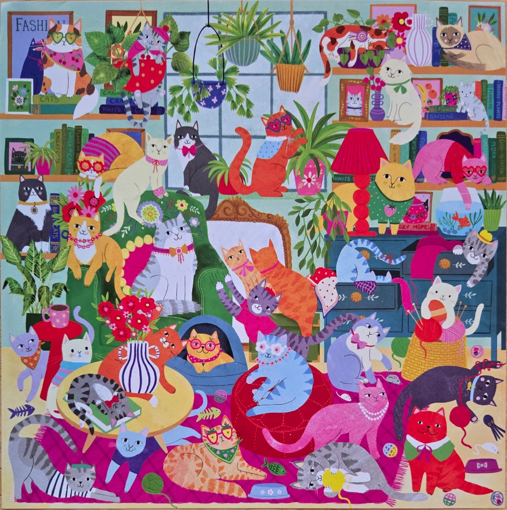 A whimsical, densely packed illustration featuring numerous colorful cats lounging in a cozy, plant-filled room.