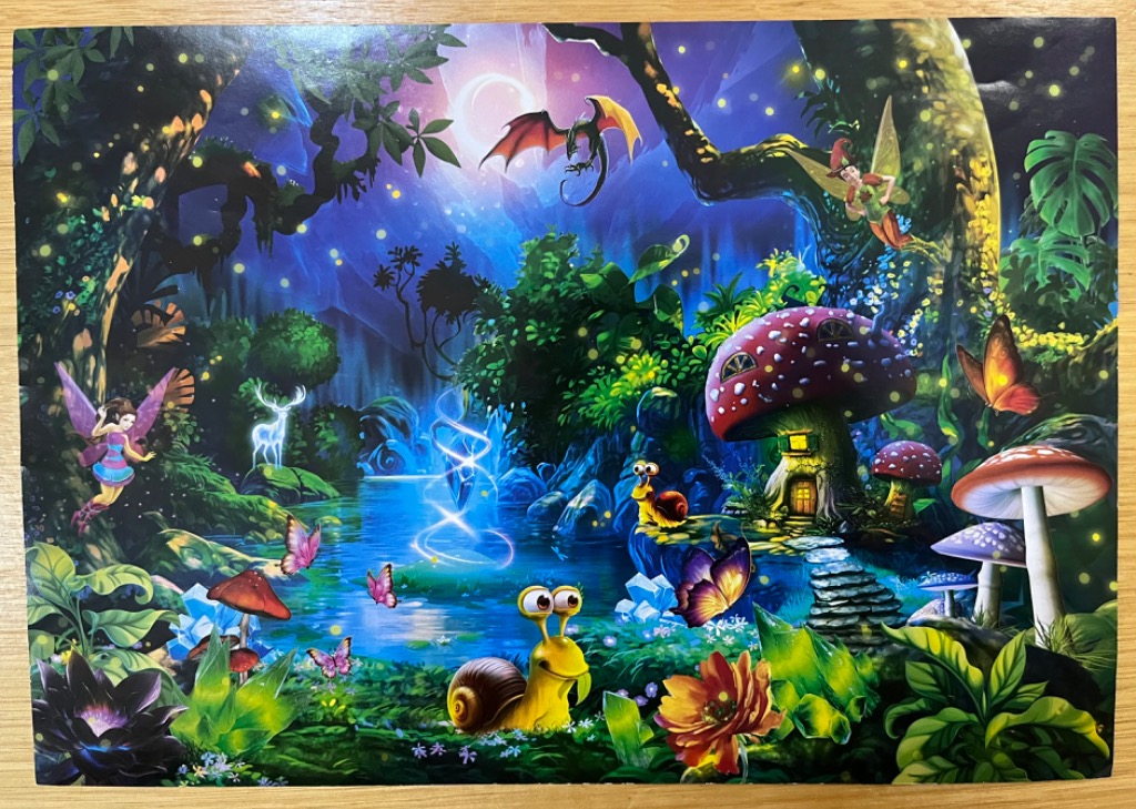 A whimsical enchanted forest scene featuring fairies, snails, and magical glowing mushrooms.