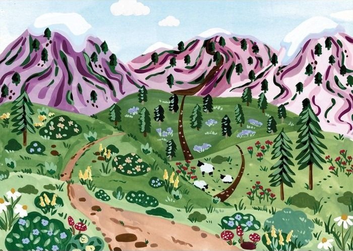 A whimsical painted landscape featuring snow-capped purple mountains, rolling green hills, a winding path, and grazing sheep.