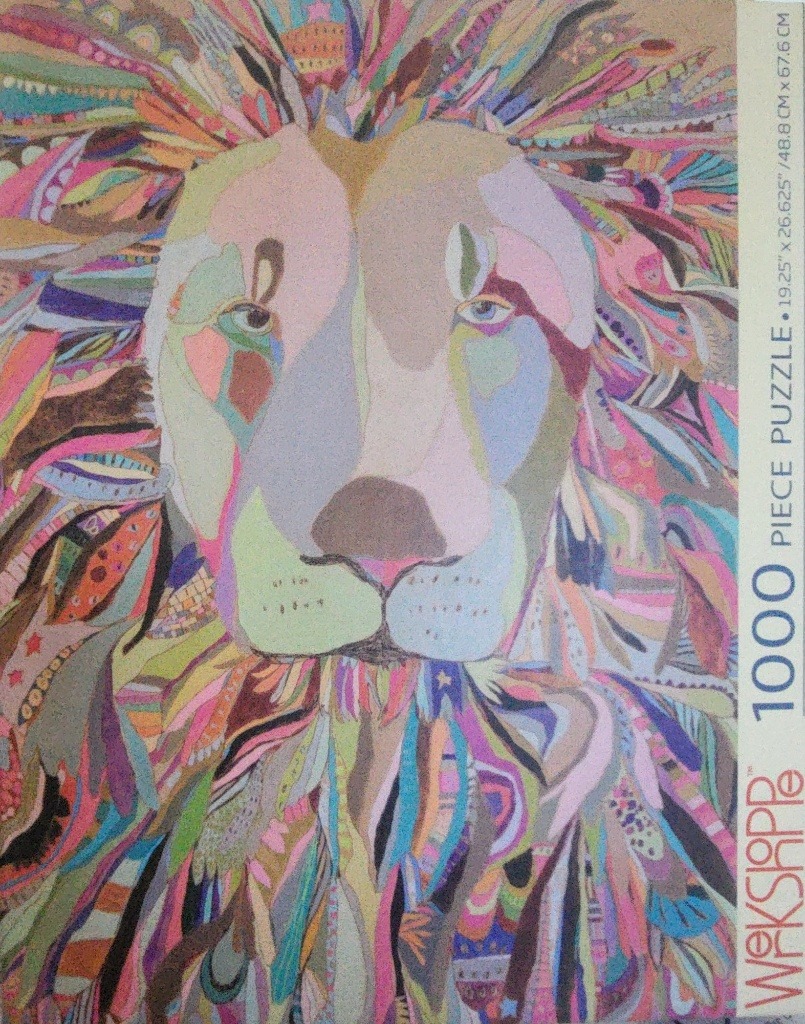 An artistic illustration of a lion head, composed of abstract multicolored patterns and shapes.