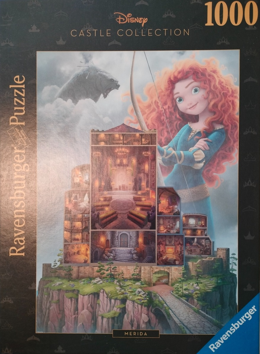 Merida from Brave standing before her castle, with a ghostly bear in the clouds above.