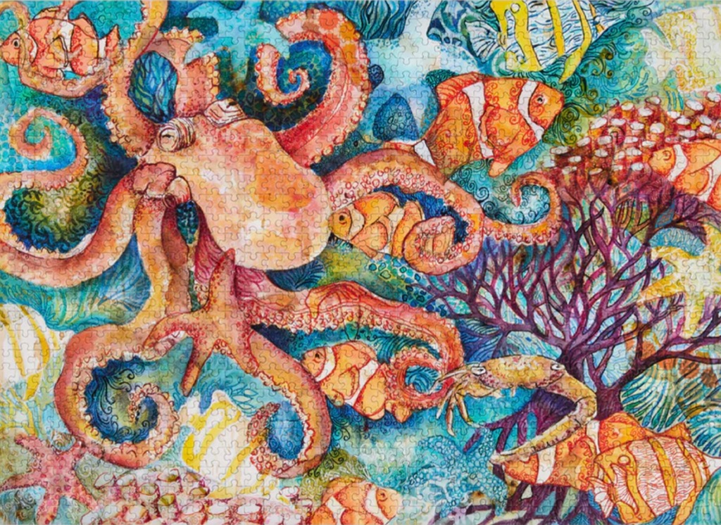 Whimsical watercolor illustration of an octopus and clownfish in a vibrant coral reef