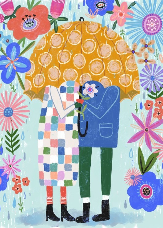 Two figures standing together under a large yellow umbrella surrounded by stylized flowers in the rain.