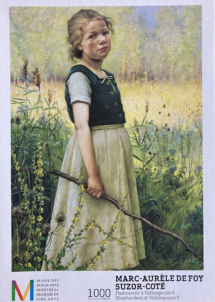 A painting of a young girl in a field holding a wooden stick, titled Shepherdess at Vallangoujard.