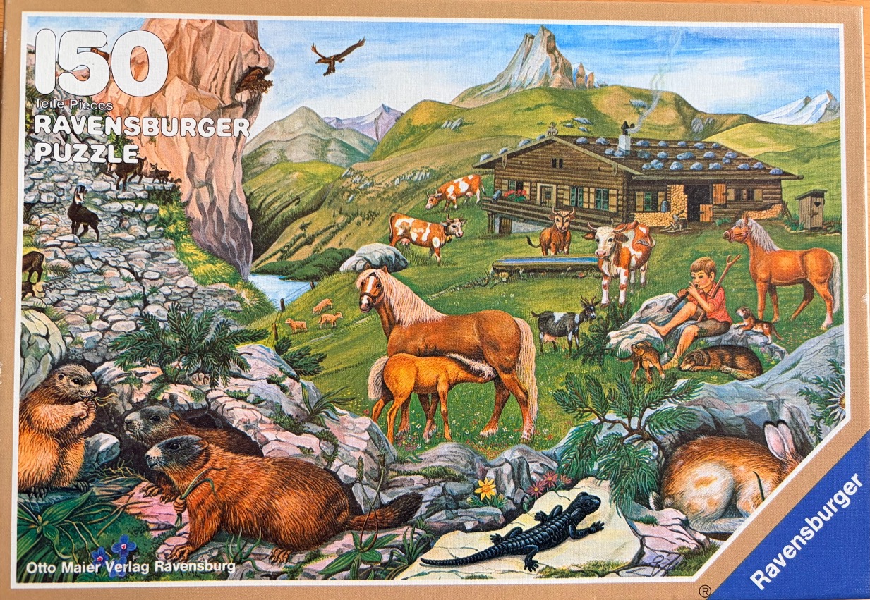 A detailed illustration of an alpine meadow scene featuring various farm animals, wildlife, and a wooden mountain hut.