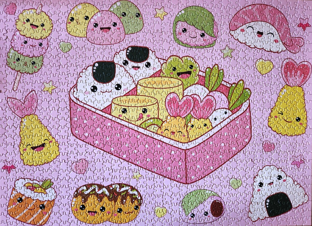 Kawaii Japanese food illustration with onigiri, sushi, and tempura in pink.