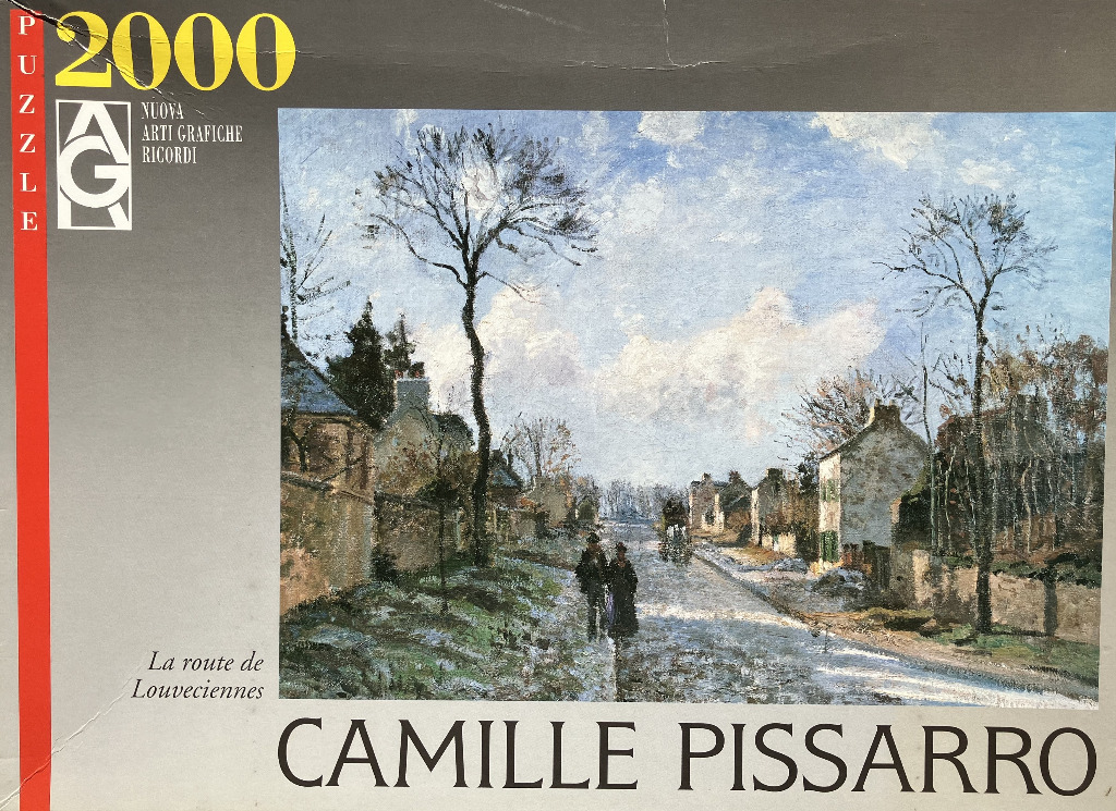 An Impressionist painting of a village road in Louveciennes with two figures walking under bare trees.