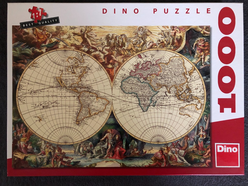 Antique dual-hemisphere world map surrounded by mythological and allegorical figures