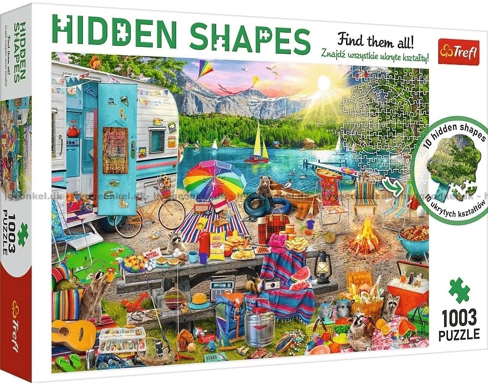 A sunny lakeside campsite scene featuring a camper, picnic table, and forest animals in a vibrant illustration.