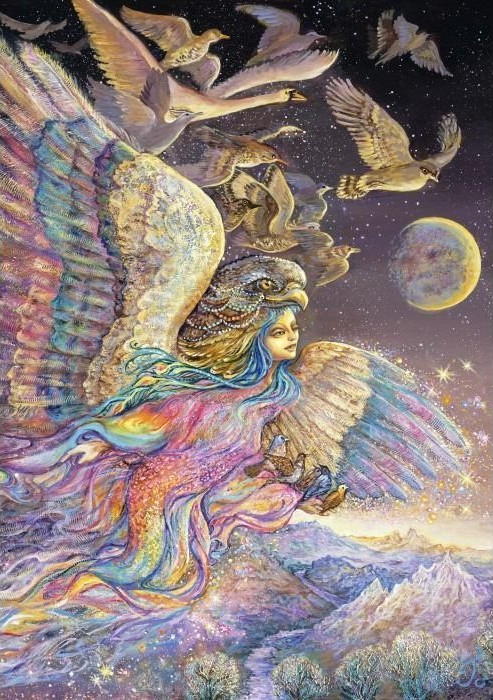 A whimsical illustration of a winged woman with an eagle headdress flying over mountains with a flock of birds.