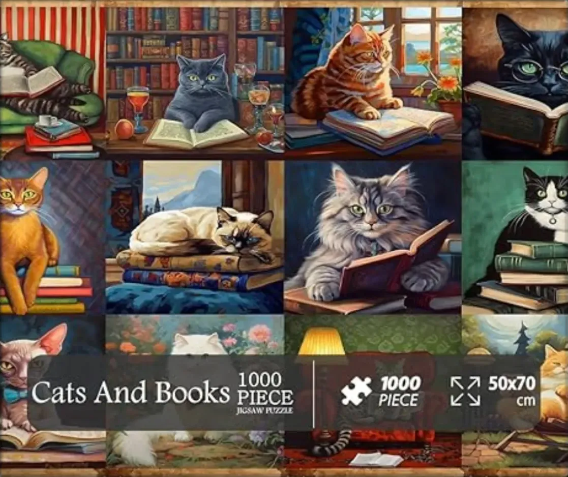 A collage of 12 painted scenes featuring cats with books in cozy, indoor library or home settings.