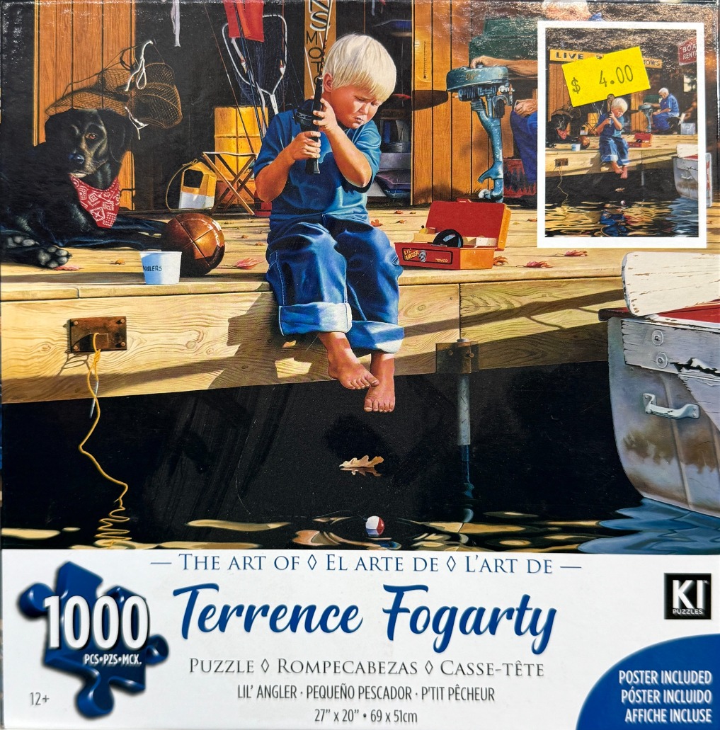 A young boy with blond hair fishing from a wooden dock next to a black dog.