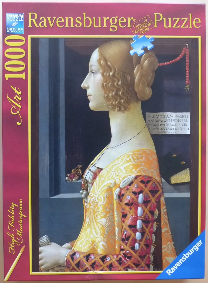 Portrait of a young woman in profile wearing an elaborate yellow and red Renaissance gown.