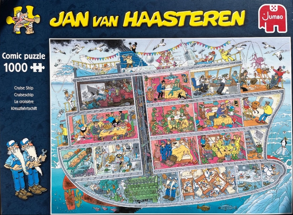 A busy, comedic cross-section illustration of a chaotic cruise ship filled with humorous characters and mishaps.