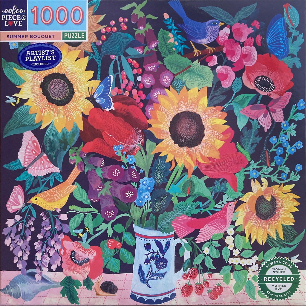A lush illustration of sunflowers, wildflowers, and birds in a blue and white pitcher against a dark background.