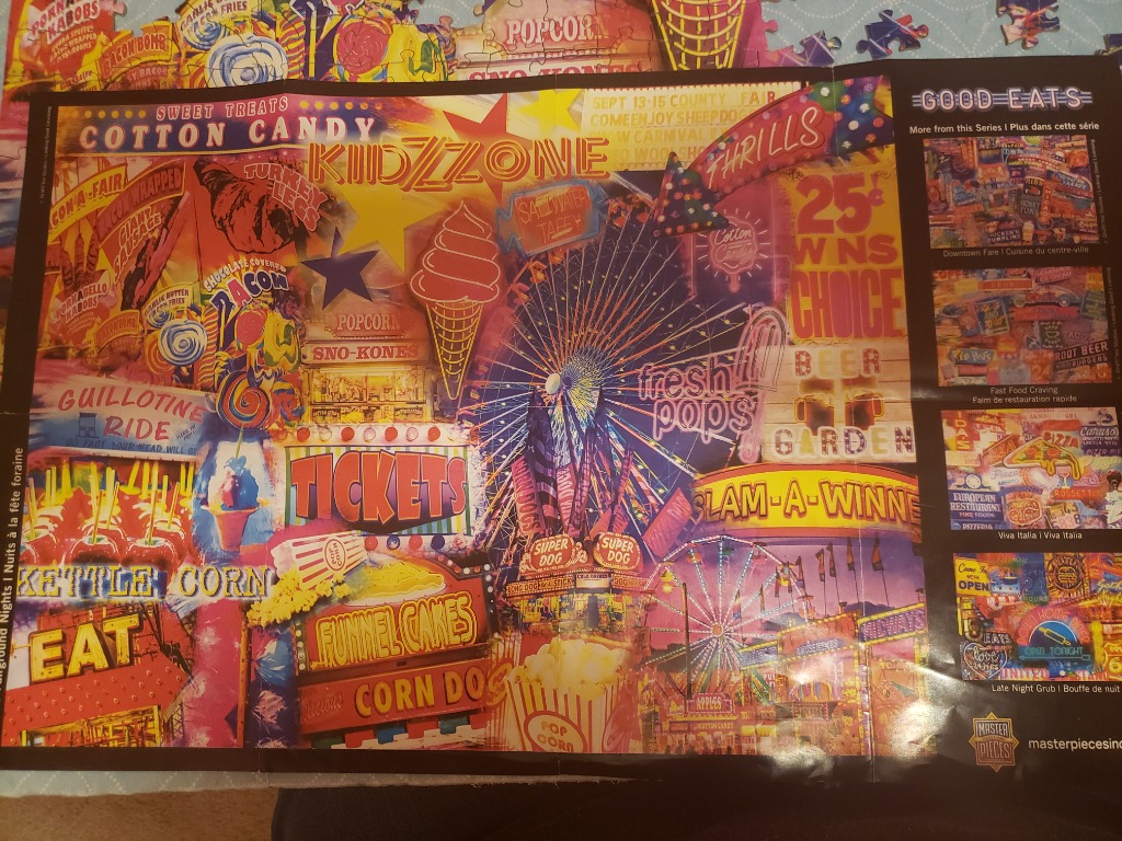 A colorful collage of carnival food signs, ferris wheels, and fairground attractions.