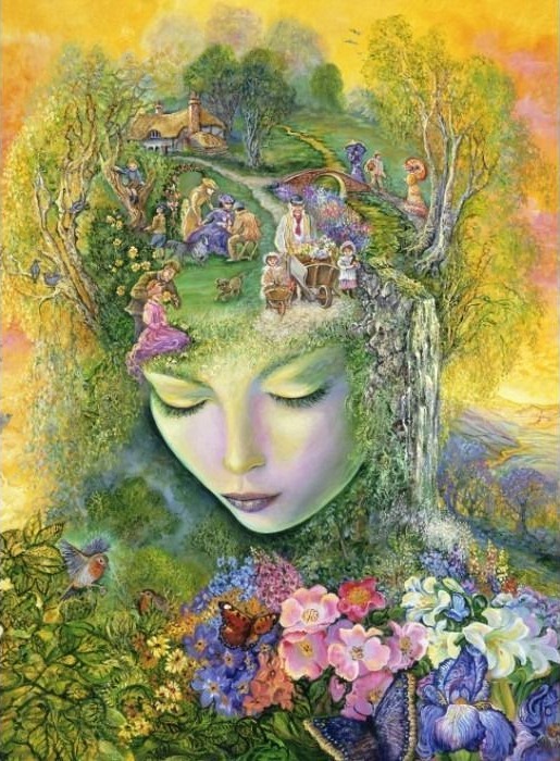 Surreal illustration of a woman's face blending into a lush landscape with Victorian figures and vibrant flowers.