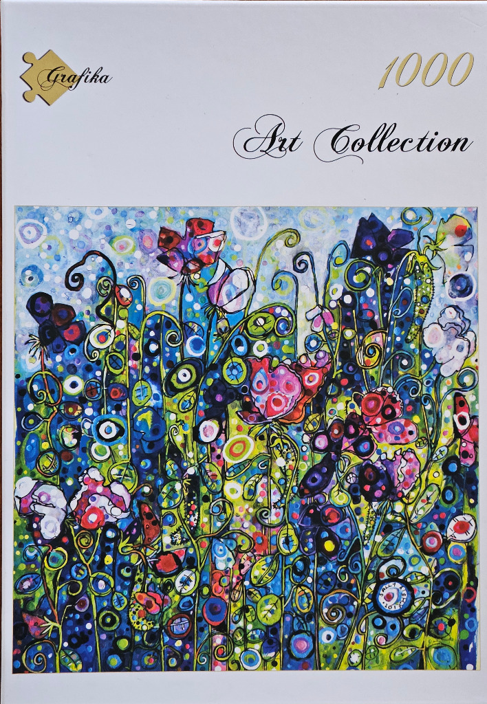 An abstract painting of stylized flowers with swirling stems, vibrant circles, and deep blue and green hues.