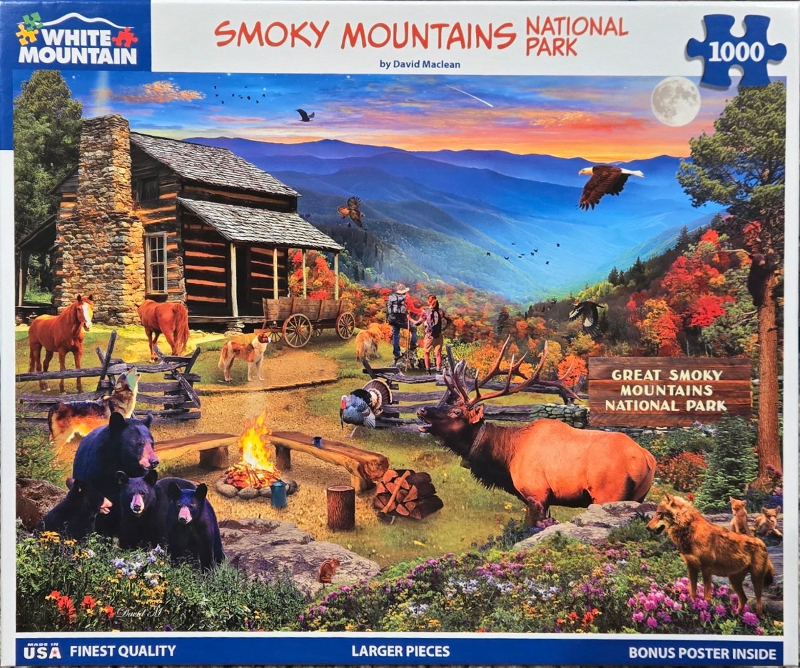 Digital painting of a rustic cabin in the Great Smoky Mountains featuring various wildlife, hikers, and a campfire.
