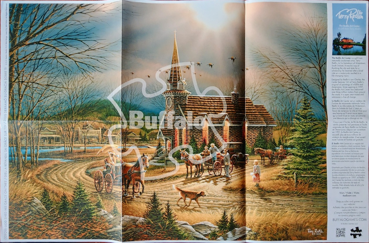 A peaceful rural church scene with horse-drawn carriages and a golden sunset.