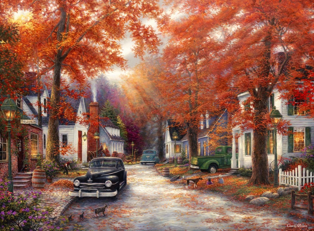 A peaceful autumn street scene with vintage cars, cozy houses, and vibrant fall foliage.