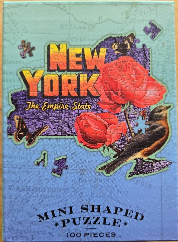 New York state-shaped design featuring red roses, a bird, and butterflies against a vintage map background.