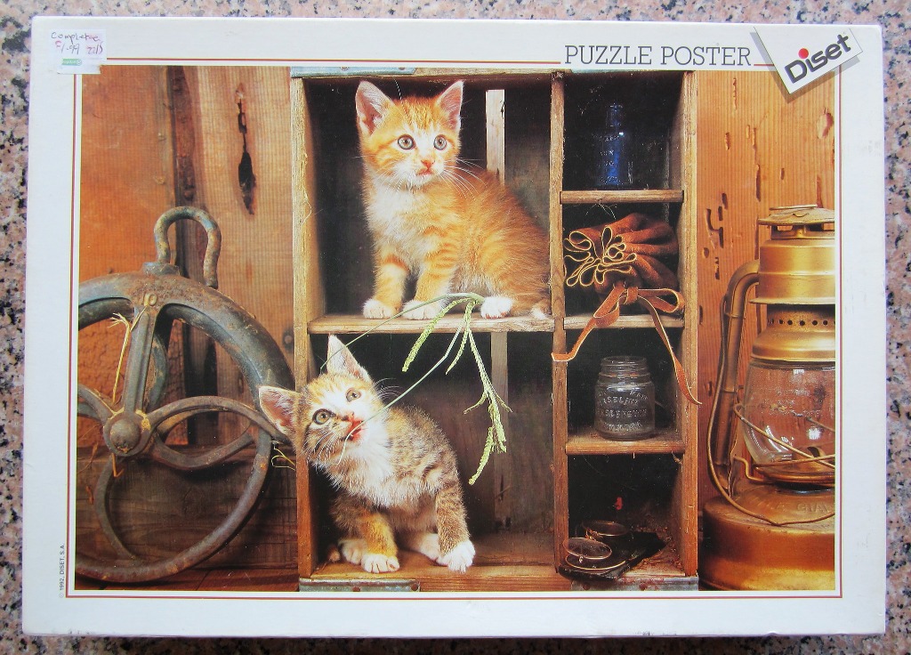 Two ginger tabby kittens interacting with items in a rustic wooden shelf unit.