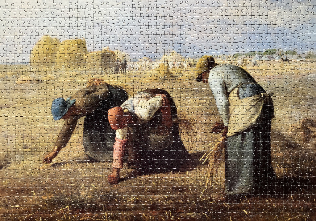 A painting of three women stooped over in a field, gleaning wheat in the late afternoon sun.