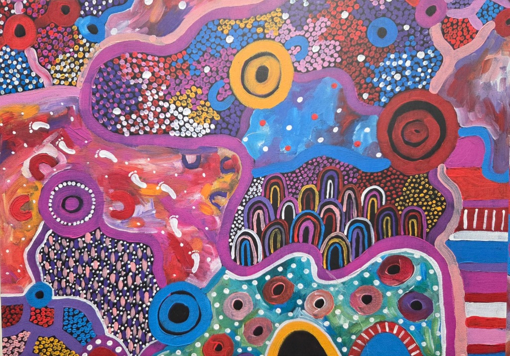 An abstract Aboriginal-style dot painting featuring organic shapes, concentric circles, and vibrant patterns.