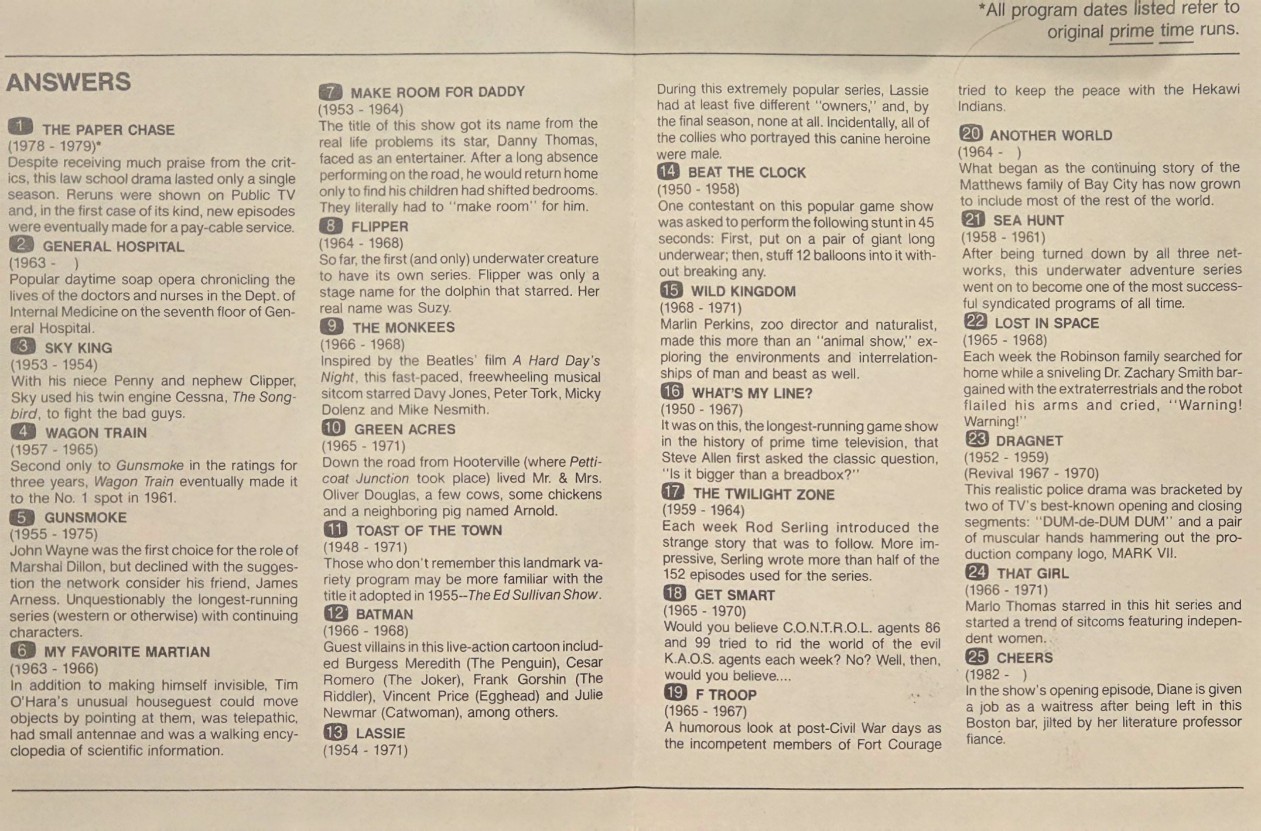 A two-column grid of text providing trivia answers about classic television shows from the mid-20th century.