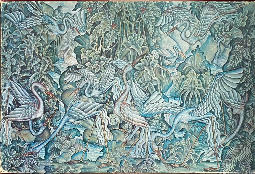A lush, monochromatic jungle scene featuring several long-legged wading birds surrounded by dense tropical foliage.