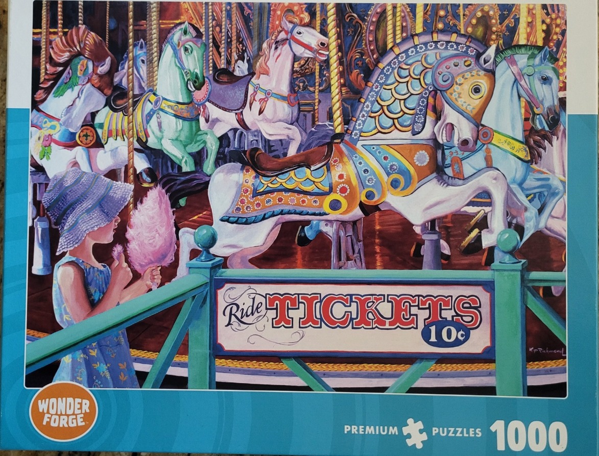 An oil painting of a young girl with pink cotton candy standing before a colorful vintage carousel.