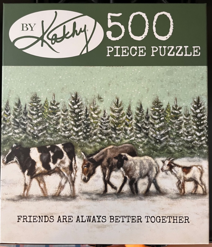 An illustration of a cow, mule, sheep, and goat walking in a snowy winter landscape in front of pine trees.