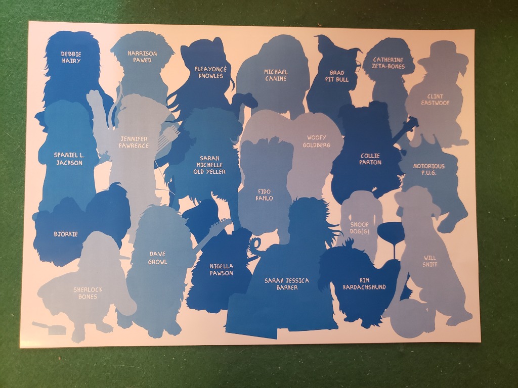 A collection of blue silhouettes of dogs with punny celebrity names written beneath each one.