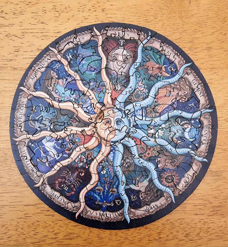 A circular illustration of a sun and moon face surrounded by the twelve zodiac signs.