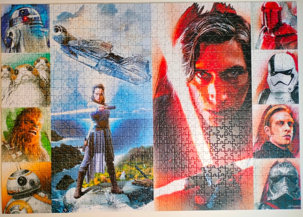 A Star Wars collage featuring Rey, Kylo Ren, and various droids and characters in an illustrative watercolor style.