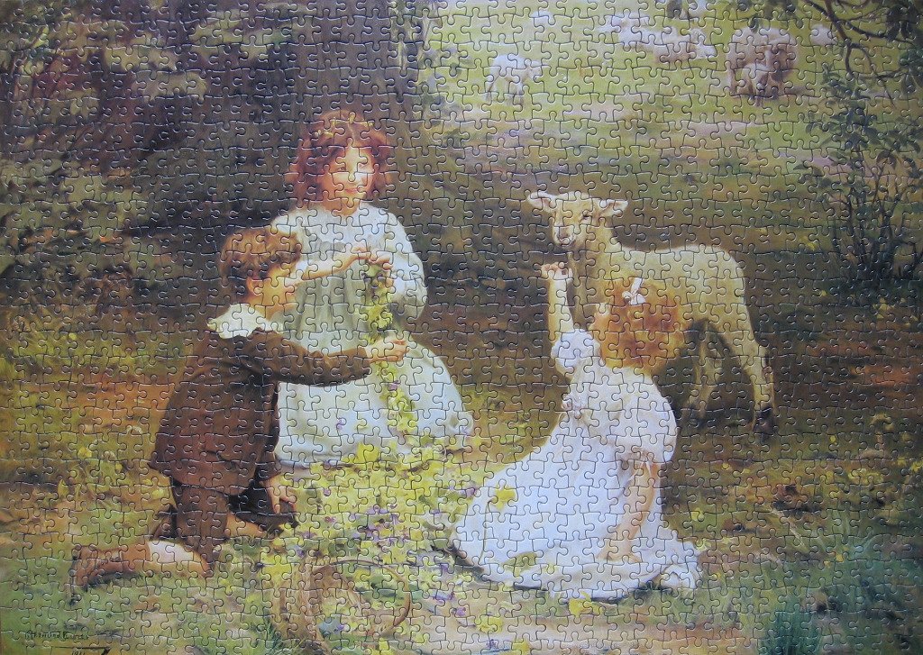 A painting of three Victorian children playing with a small lamb in a lush, sunlit woodland clearing.