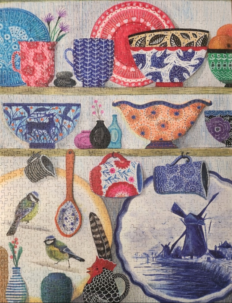 A whimsical illustration of three shelves filled with patterned pottery, ceramics, and birds.