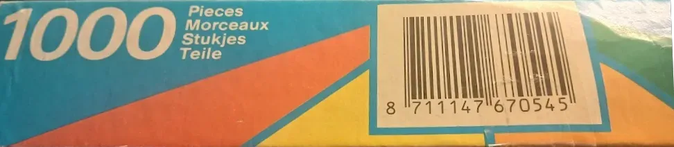 A blue, red, and yellow abstract geometric graphic with text and a barcode.