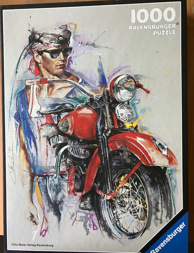 An expressive, gestural illustration of a man wearing sunglasses and a bandana riding a red motorcycle.