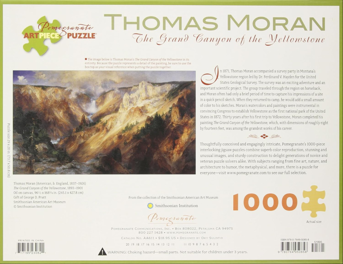 A panoramic landscape oil painting depicting the Grand Canyon of the Yellowstone with dramatic light and mist.