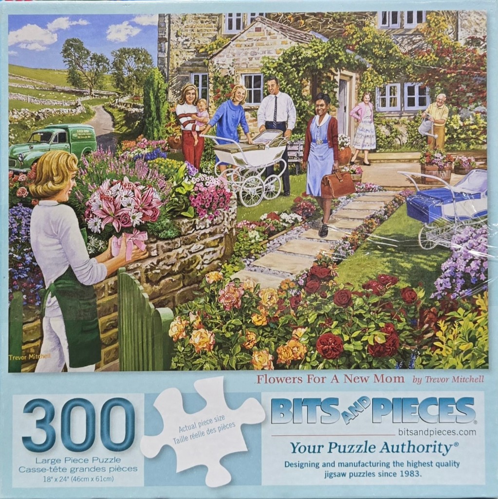 A nostalgic painting of a young woman offering a bouquet of flowers to a new mother in a country garden.
