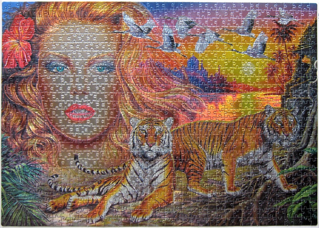 Fantasy art of a woman's face blending into a tropical sunset scene with two tigers in the foreground.