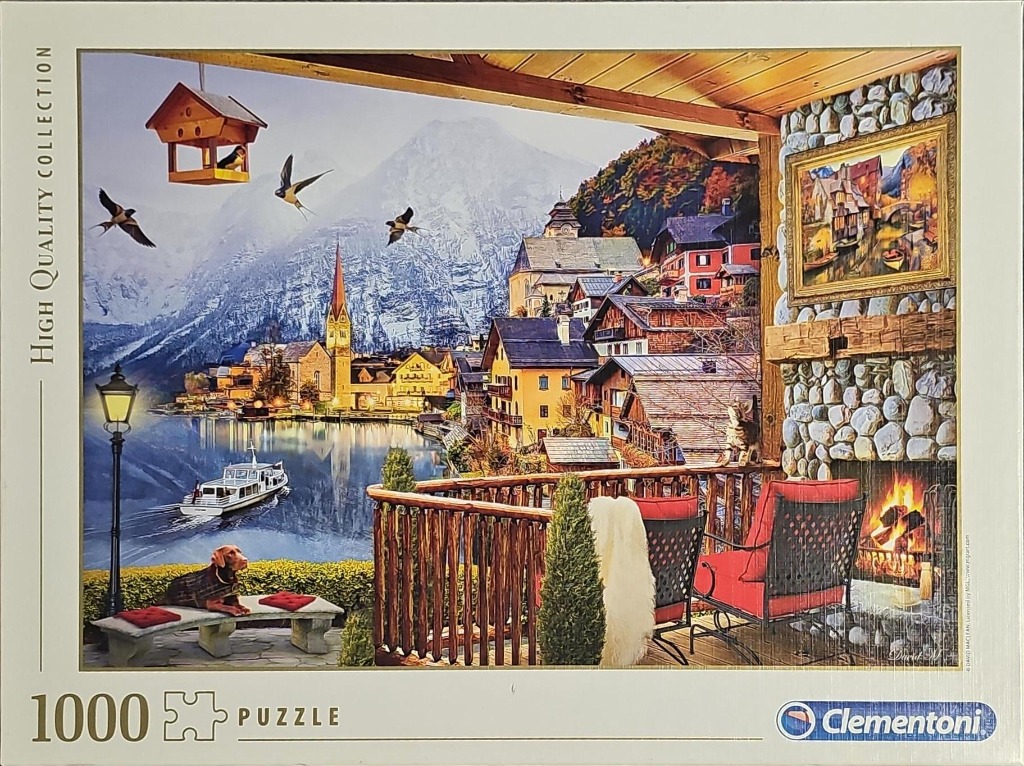 A cozy balcony view overlooking a lakeside village with mountains and a fireplace in an oil painting style.