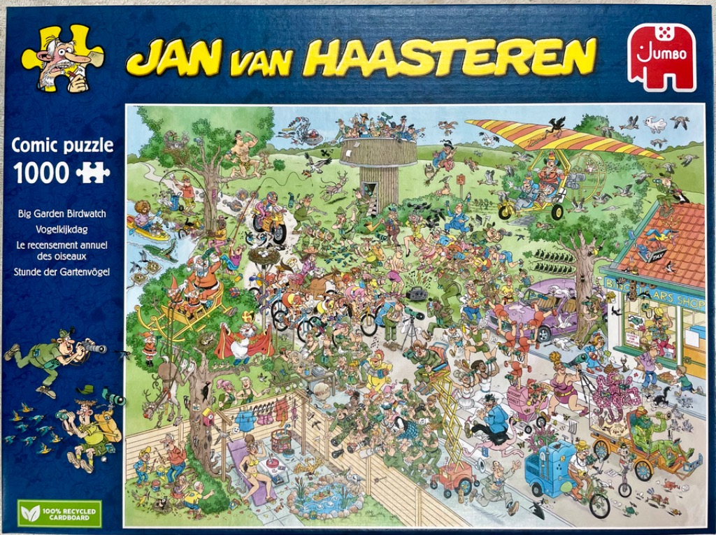 Busy, humorous cartoon illustration of a chaotic outdoor birdwatching event filled with dozens of quirky characters.