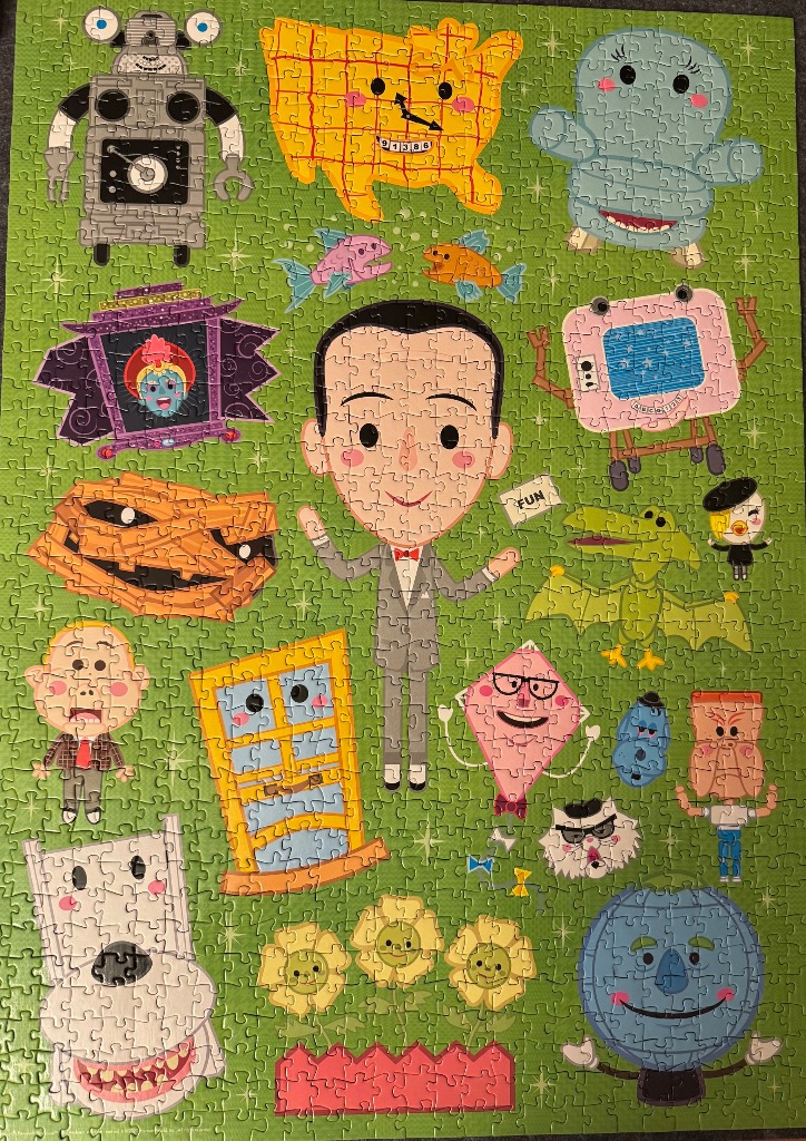 A whimsical collage of cartoon characters and objects from Pee-wee