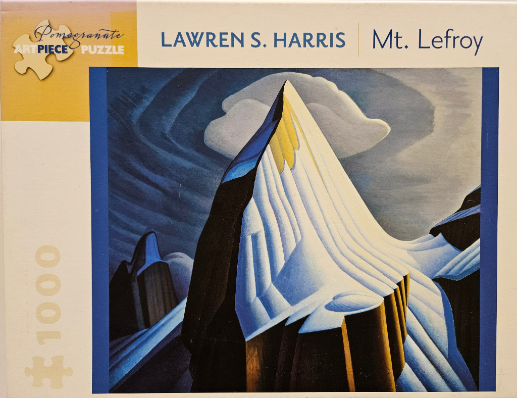 A stylized oil painting of Mt. Lefroy, featuring sharp, dramatic mountain peaks against a deep blue, cloudy sky.
