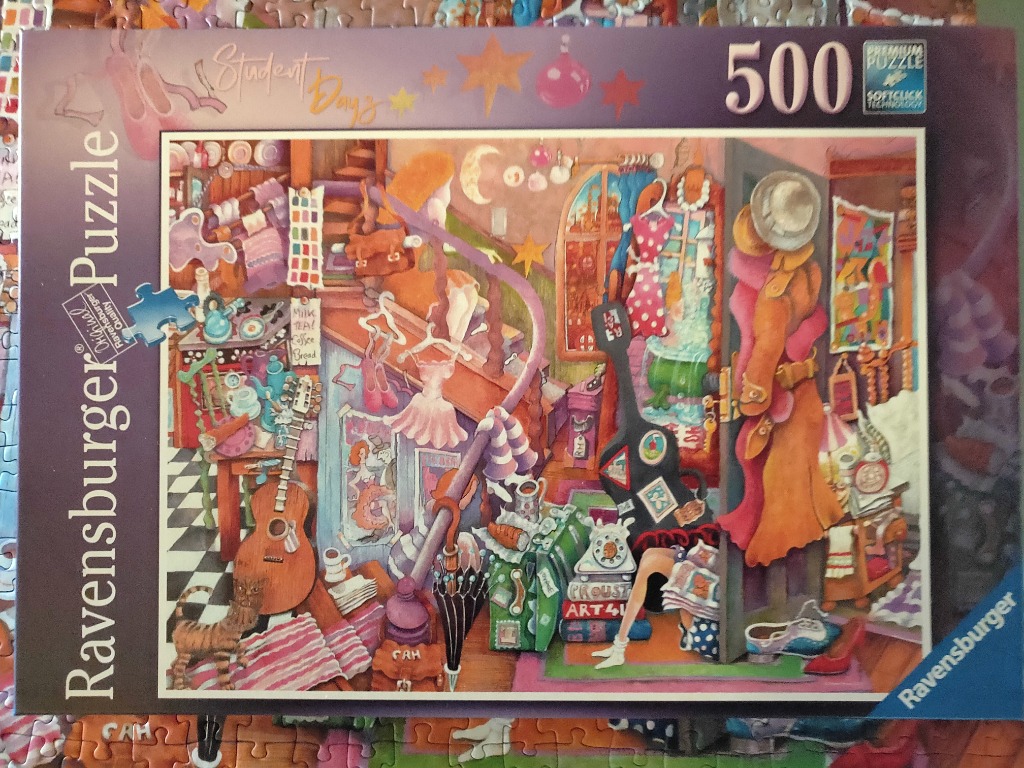 A whimsical illustration of a cluttered, cozy student room filled with personal belongings and musical instruments.