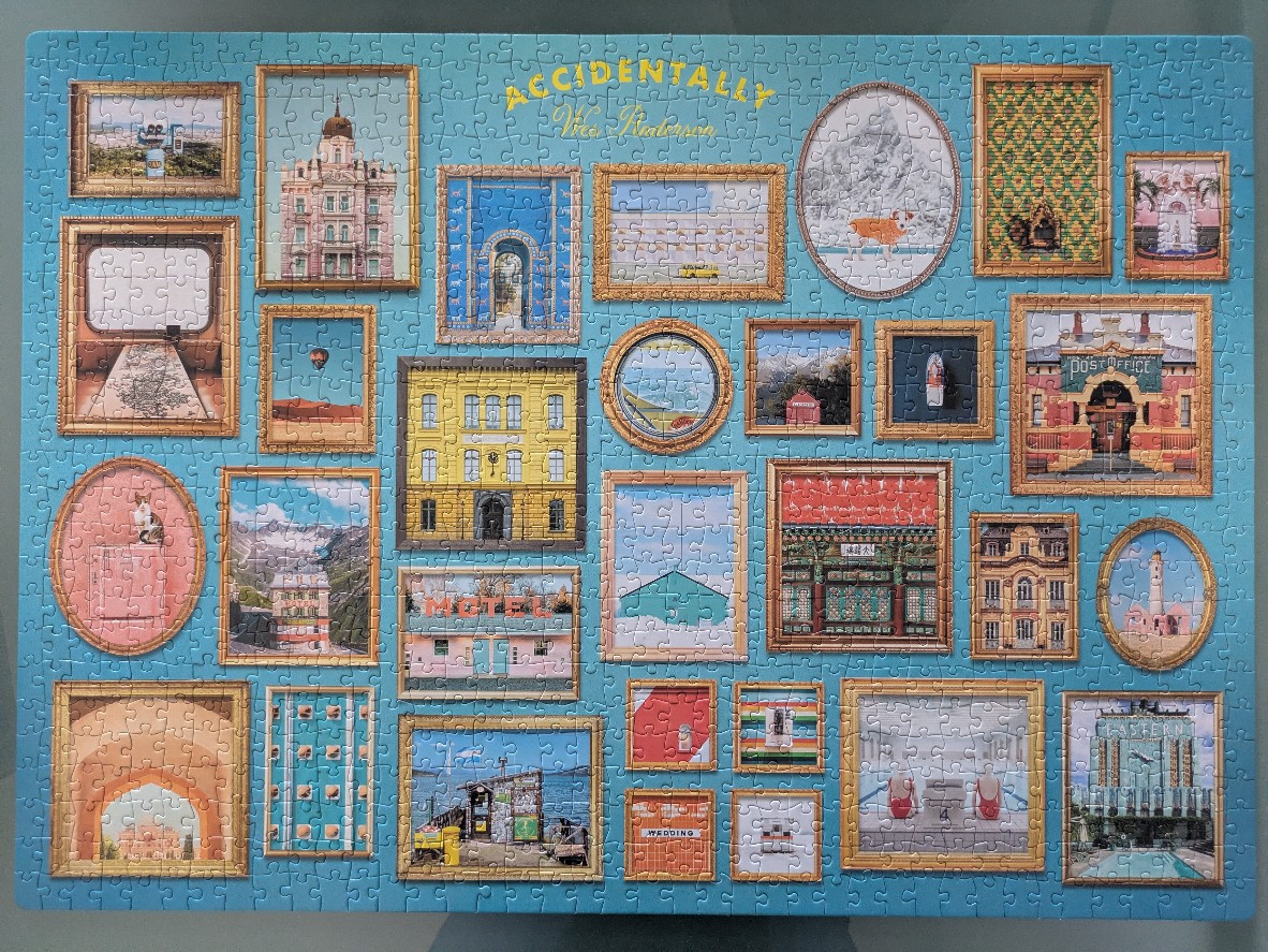 A collage of various framed photographs and illustrations displayed on a bright blue background.